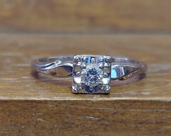 Vintage .18ct Diamond Engagement Ring 14k White Gold Unique Engagement Ring Mid Century Diamond Ring Signed Keepsake 1950's Retro Diamond