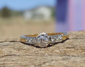 Vintage .25ct Old European Cut Diamond Engagement Ring 18k Yellow Gold Platinum Antique Engagement Ring
