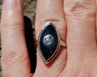 Art Deco .10ct Old European Cut Diamond Onyx Engagement Ring 14k White Gold Vintage Engagement Ring Antique Engagement Ring