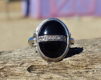Art Deco Black Onyx Diamond Engagement Ring 14k White Gold Vintage Engagement Ring Art Deco Ring 1920's Engagement Ring