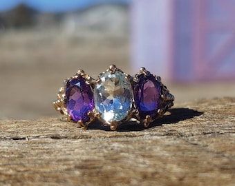 Vintage Aquamarine Amethyst Engagement Ring 9k Yellow Gold Three Stone Engagement Ring Unique Engagement Ring