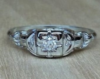 Art Deco .10ct Diamond Engagement Ring 18k White Gold Vintage Engagement Ring Antique Engagement Ring Unique Engagement Ring