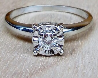 Vintage .15ct Diamond 14k White Gold Engagement Ring Unique Engagement Ring Mid Century Engagement Ring Signed Coronation