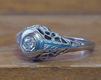 Vintage .07ct Old European Cut Diamond Engagement Ring Antique Engagement Ring Art Deco Engagement Ring 14k-10k White Gold