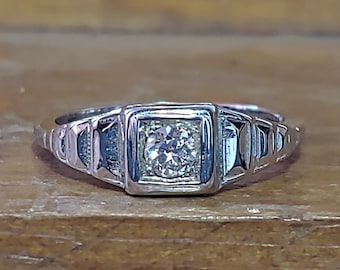 Art Deco .20ct Old European Cut Diamond Engagement Ring 14k White Gold Vintage Engagement Ring Antique Engagement Ring Unique Engagement