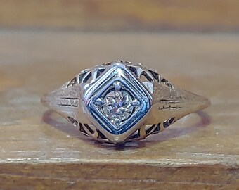 Art Deco Engagement Ring .10ct Old European Cut Diamond Engagement Ring Vintage Engagement Ring 1920 Engagement Ring 14k Yellow & White Gold