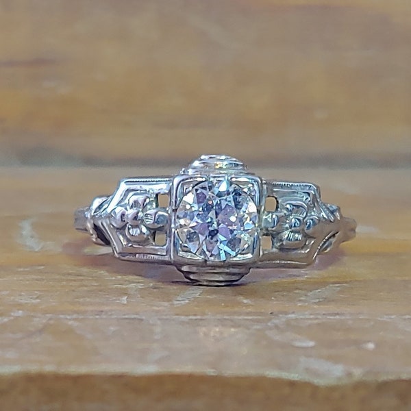 Art Deco .45ct Diamond 14k White Gold Vintage Engagement Ring Antique Engagement Ring Unique Engagement Ring 1920 Engagement