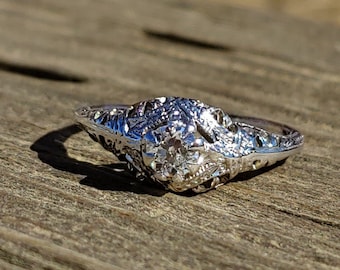 Art Deco .20ct Old European Cut Diamond 18k White Gold Vintage Engagement Ring