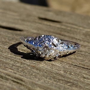 Art Deco .20ct Old European Cut Diamond 18k White Gold Vintage Engagement Ring
