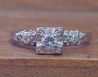 Vintage .21ct Diamond Engagement Ring 14k White Gold Mid Century Diamond Ring Mid Century Retro Engagement Ring Unique Engagement Ring 1950