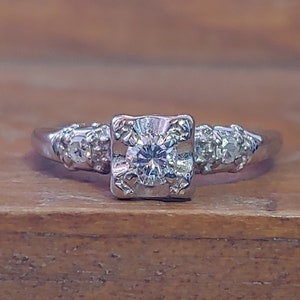 Vintage .21ct Diamond Engagement Ring 14k White Gold Mid Century Diamond Ring Mid Century Retro Engagement Ring Unique Engagement Ring 1950
