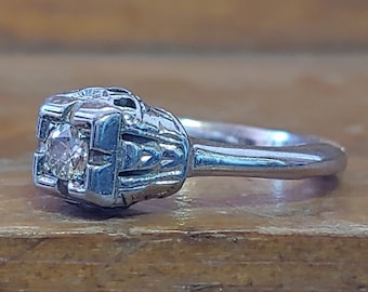 Vintage .20ct Old European Cut Diamond Engagement Ring 18k White Gold Art Deco Engagement Ring Antique Engagement Ring