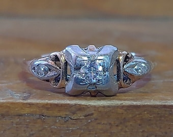 Vintage Engagement Ring .14ct Diamond Engagement Ring Art Deco Engagement Ring Unique Engagement Ring 14k White & Yellow Gold 1940's