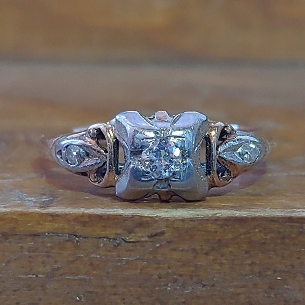 Vintage Engagement Ring .14ct Diamond Engagement Ring Art Deco Engagement Ring Unique Engagement Ring 14k White & Yellow Gold 1940's