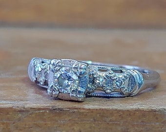 Vintage .16ct Diamond Engagement Ring Mid Century Engagement Ring 1940 Engagement Ring 14k White Gold