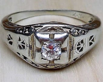 Art Deco Engagement Ring .12ct Old European Cut Diamond Engagement Ring Vintage Engagement Ring Antique Engagement Ring 18k White Gold