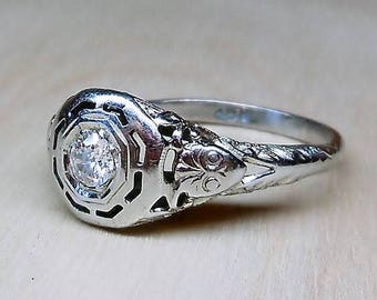 Art Deco .20ct Old European Cut Diamond18k White Gold Unique Vintage Engagement Ring Antique Engagement Filigree Ring