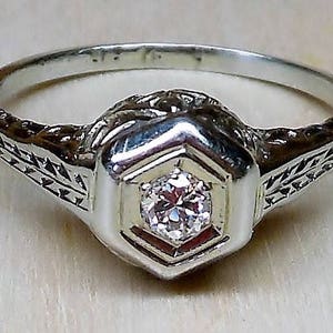 Art Deco Engagement Ring .12ct Old European Cut Diamond Engagement Ring Vintage Engagement Ring Unique Engagement Ring 14k White Gold 1920