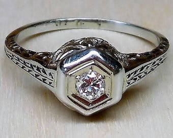 Art Deco Engagement Ring .12ct Old European Cut Diamond Engagement Ring Vintage Engagement Ring Unique Engagement Ring 14k White Gold 1920