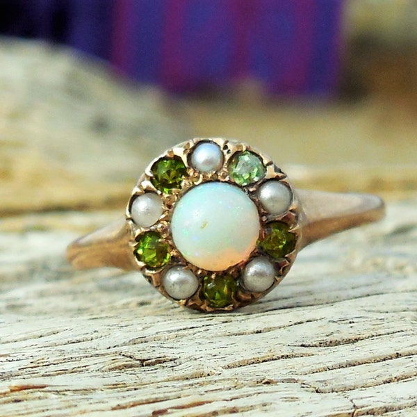 Vintage Antique Opal Peridot Pearl Unique Engagement Ring 14k Yellow Gold Victorian 1800's