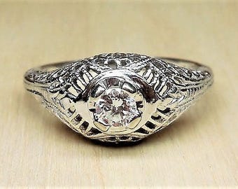 Art Deco .20ct Diamond 14k White Gold Engagement Ring Vintage Engagement Ring Antique Engagement Ring 1920's Engagement Ring Filigree Ring