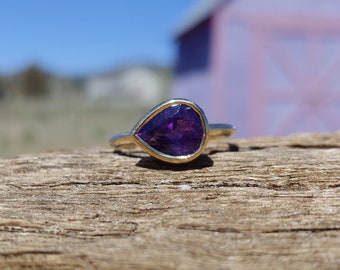 3.43ct Purple Sapphire Engagement Ring 14k Yellow Gold Unique Engagement Ring OOAK East West Pear Shape Sapphire