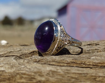 Vintage Amethyst Engagement Ring 14k Yellow Gold Unique Engagement Ring Art Deco Engagement Ring Statement Ring 1940's Engagement