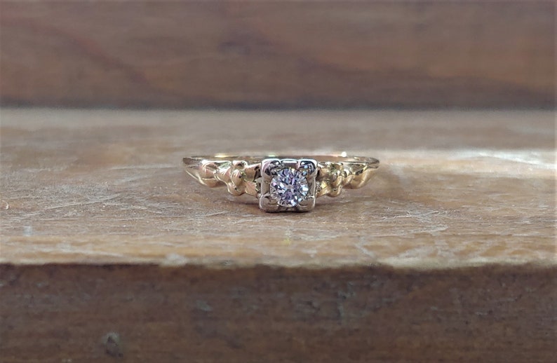 Vintage .15ct Diamond Engagement Ring 14k Yellow White Gold Art Deco Engagement Ring Unique Engagement Ring Old European Cut Diamond Ring