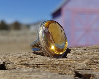 Art Deco Citrine 14k White Gold Engagement Ring Vintage Engagement Ring Antique Engagement Ring Unique Engagement Ring