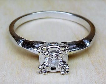 Vintage .10ct Diamond Engagement Ring 14k White Gold Unique Engagement Ring Art Deco Engagement Ring Antique Engagement Ring