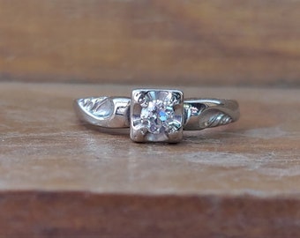 Vintage .20ct Old European Cut Diamond Engagement Ring Art Deco Engagement Ring Unique Engagement Ring 1950's 14k White Gold 1950's