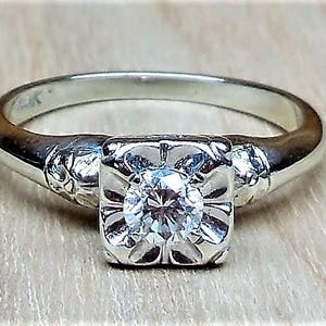 Vintage .20ct Diamond Engagement Ring 14k White Gold Unique Engagement Ring Art Deco Engagement Ring Mid Century Engagement 1940&#39;s