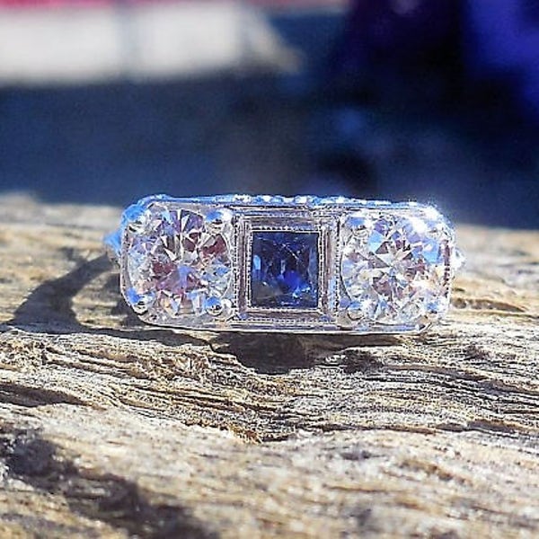 Art Deco Engagement Ring 1.54ct Diamond Blue Sapphire Unique Engagement Ring Vintage Antique 1920's Engagement Ring 18k White Gold