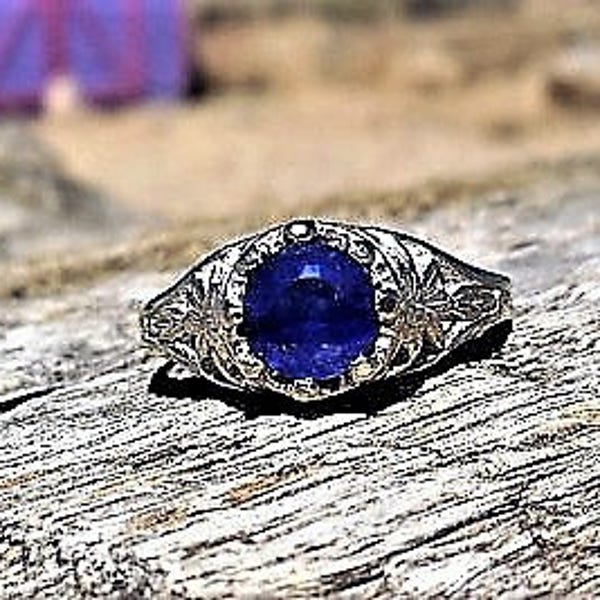 Art Deco Engagement Ring 1.00ct Blue Sapphire Unique Engagement Ring Vintage Antique 14k White Gold Filigree