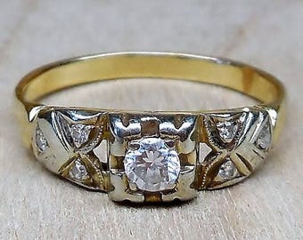 Vintage .21ct Diamond 14k Yellow & White Gold Engagement Ring Unique Engagement Ring Art Deco Engagement Ring Two Tone Ring