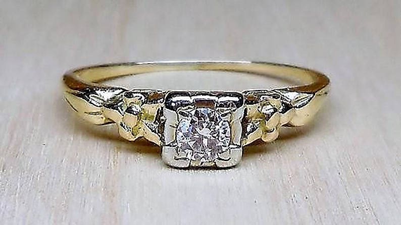 Vintage .15ct Diamond Engagement Ring 14k Yellow White Gold Art Deco Engagement Ring Unique Engagement Ring Old European Cut Diamond Ring