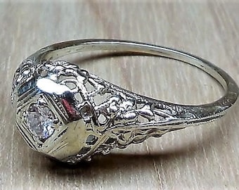 Art Deco .12ct Diamond Engagement Ring 14k White Gold Vintage Engagement Ring Antique Engagement Ring Unique Engagement Ring