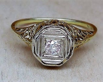 Art Deco .10ct Old European Cut Diamond Engagement Ring Vintage Engagement Ring Antique Engagement 14k White  & Yellow Gold