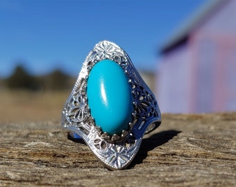 Vintage Turquoise Engagement Ring 10k White Gold Bezel Set Unique Engagement Ring Art Deco Engagement Ring Antique Engagement Ring