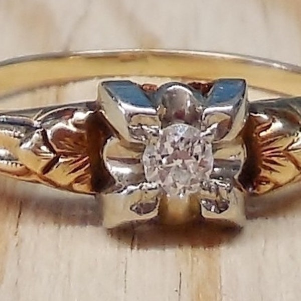 Vintage Antique .10ct Old European Cut Diamond 14k Yellow White Gold Engagement Ring 1920's Art Deco