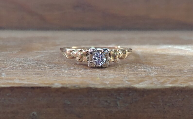 Vintage .15ct Diamond Engagement Ring 14k Yellow White Gold Art Deco Engagement Ring Unique Engagement Ring Old European Cut Diamond Ring