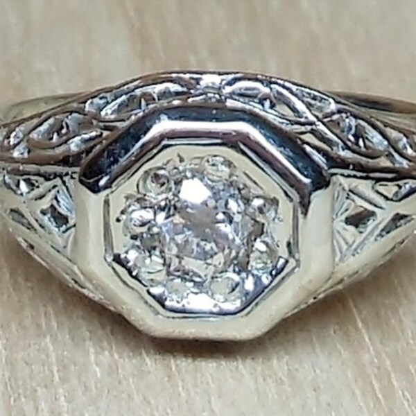 Vintage Antique .20ct H VS Old European Cut Diamond 14k White Gold Engagement Ring 1920's Art Deco