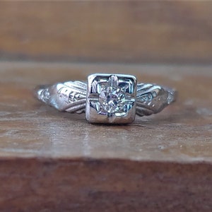 Art Deco .12ct Old European Cut Diamond Engagement Ring Unique Engagement Ring Vintage Engagement Ring  Antique Engagement 14k White Gold