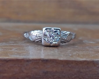 Art Deco .12ct Old European Cut Diamond Engagement Ring Unique Engagement Ring Vintage Engagement Ring  Antique Engagement 14k White Gold