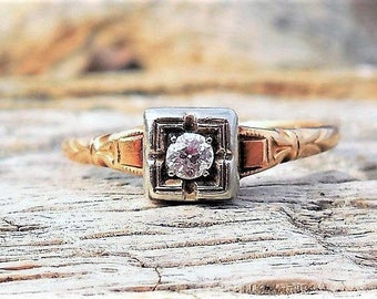 Antique Engagement Ring .10ct Old European Cut Diamond Engagement Ring Unique Engagement Ring Vintage Engagement Ring 14k Yellow White Gold
