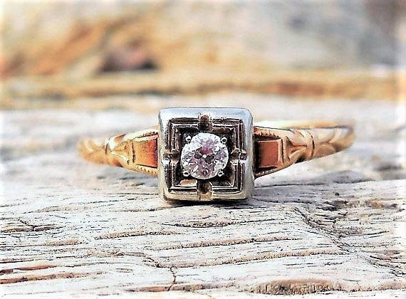 Antique Engagement Ring .10ct Old European Cut Diamond Engagement Ring Unique Engagement Ring Vintage Engagement Ring 14k Yellow White Gold