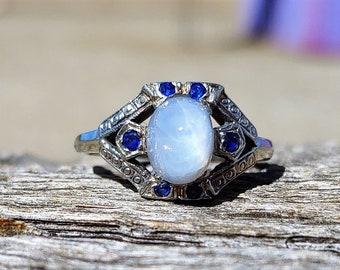 Vintage 3.12ct Blue Sapphire Diamond Engagement Ring 14k White Gold Art Deco Engagement Ring Antique Unique Engagement Ring Vintage Ring