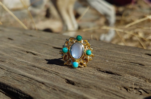 Vintage Moonstone Ring Turquoise Ring 9k Yellow Gold Unique