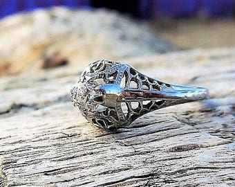 Antique .25ct Old European Cut Diamond Engagement Ring 18k White Gold Unique Engagement Ring Vintage Engagement Ring Art Deco Engagement