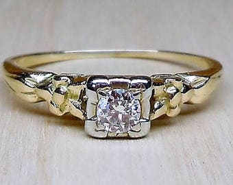 Vintage .15ct Diamond Engagement Ring 14k Yellow White Gold Art Deco Engagement Ring Unique Engagement Ring Old European Cut Diamond Ring